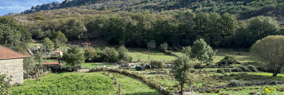 Green terraced fields below the granite peaks near Ameijoeira, Peneda-Gerês