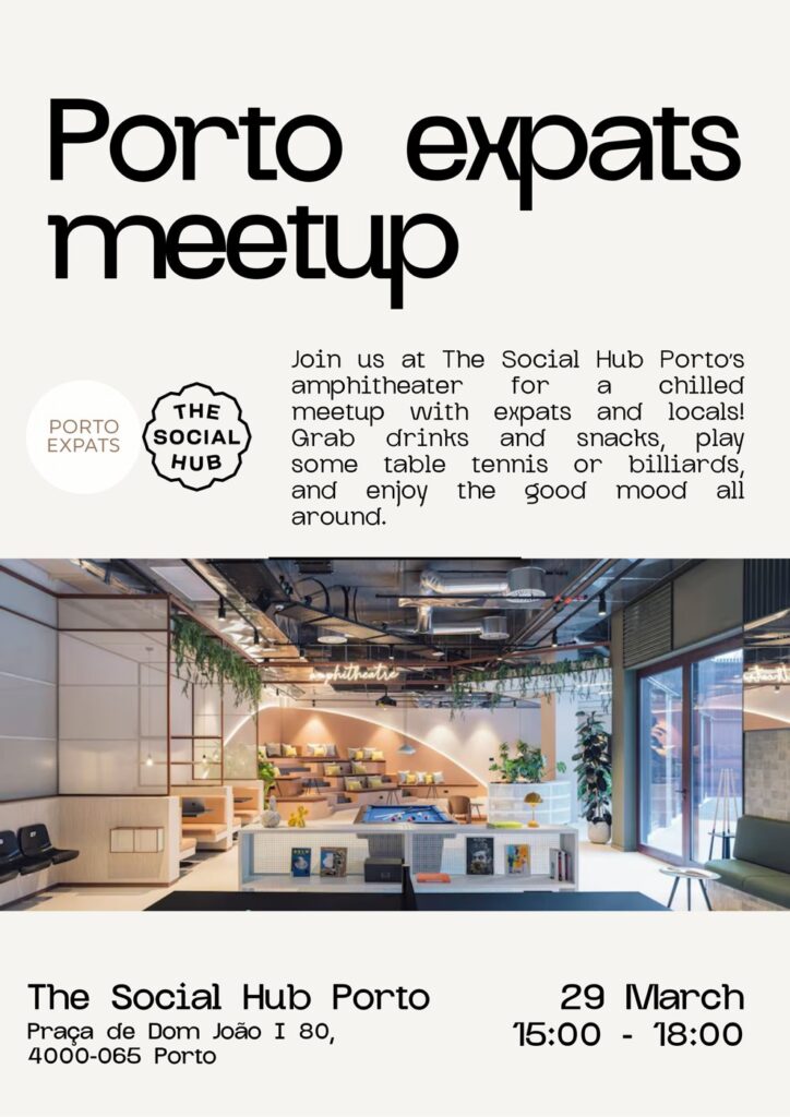 Poster for the Porto Expats meetup at The Social Hub Porto, Sunday, 29 March 2026 · 15:00–18:00