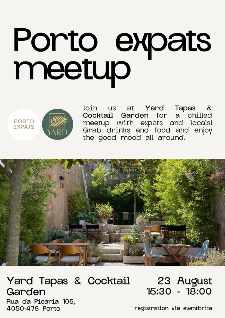 Poster for the Porto Expats meetup at Yard Tapas & Cocktail Garden, Sunday, 23 August 2026 · 15:30–18:00
